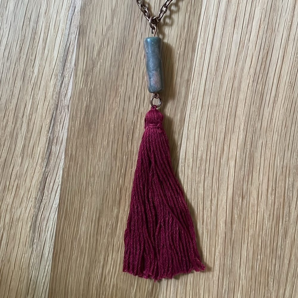 Burgundy tassel necklace with grey and mauve stone